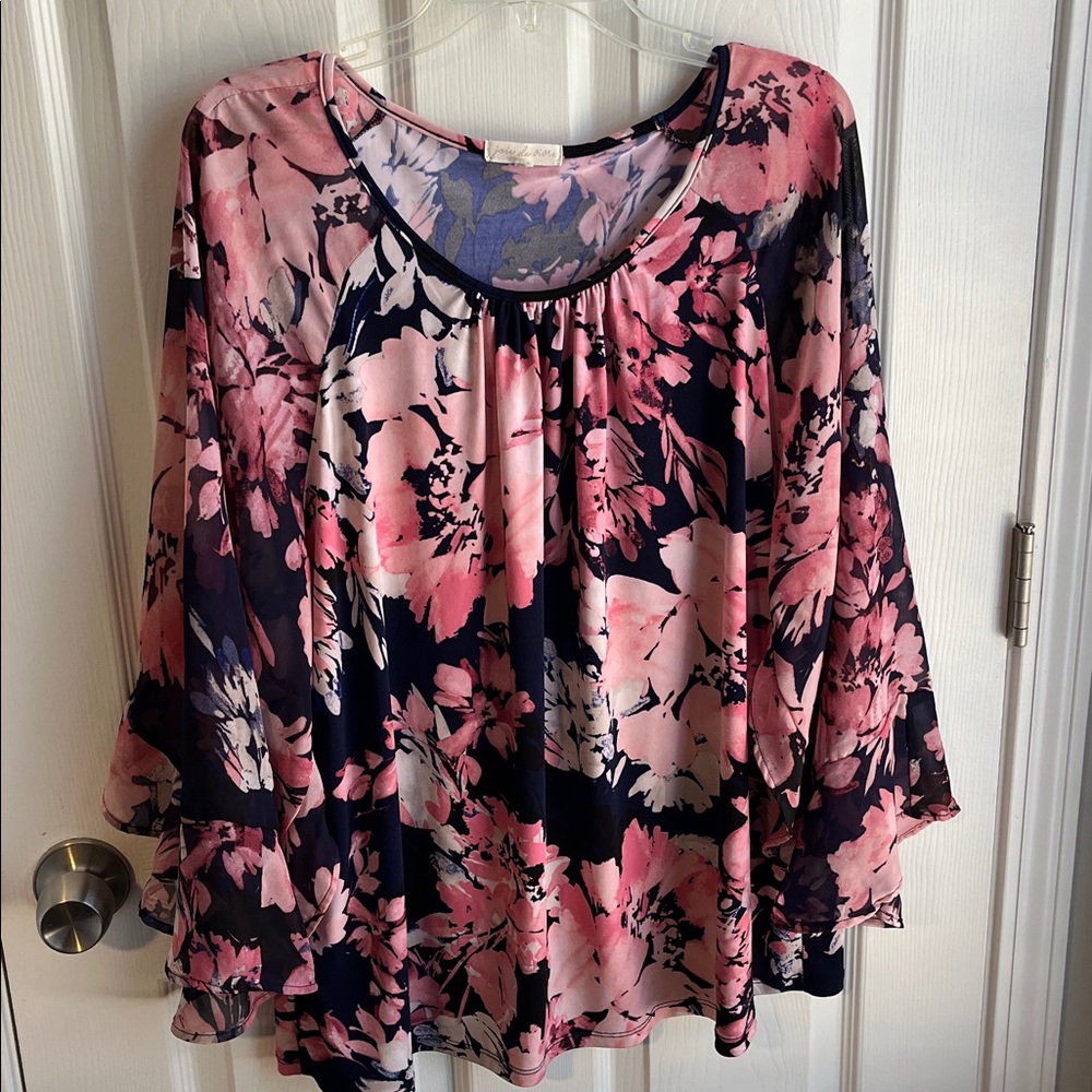 Joie De Vivre Floral Camisole Blouse Ruffle Long Sleeve Size 2X